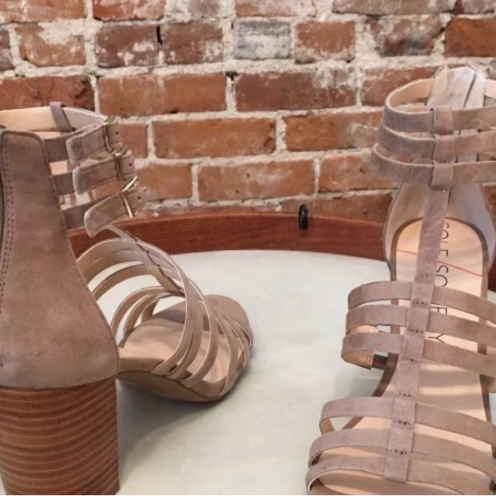 Sole Society Taupe Strappy Block Heel Sandals - Picture 2 of 9